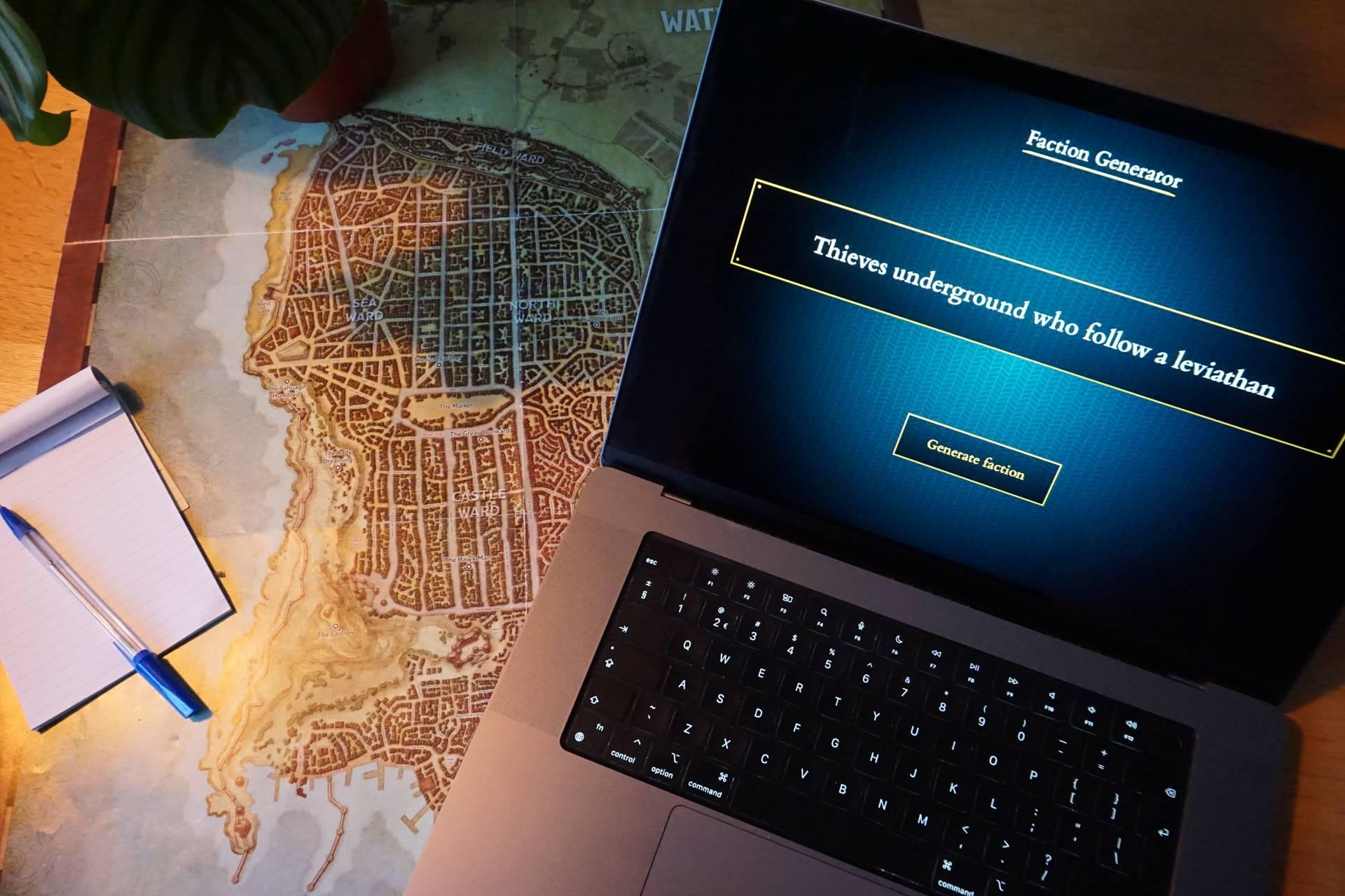 Laptop with the faction generator app open on top of the map of Waterdeep